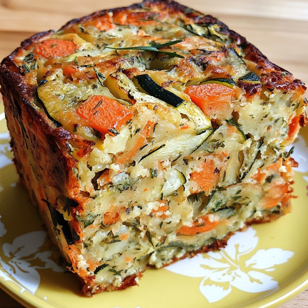 Moelleux courgettes-carottes coupé en tranches, servi sur une assiette avec des herbes fraîches.