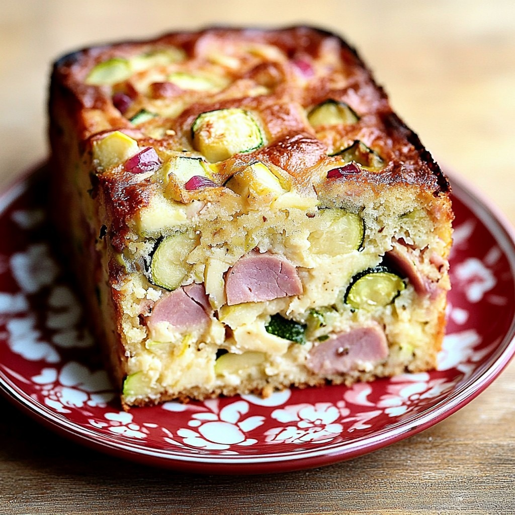 Cake jambon-courgette doré et moelleux, coupé en tranches, avec une salade verte en accompagnement.