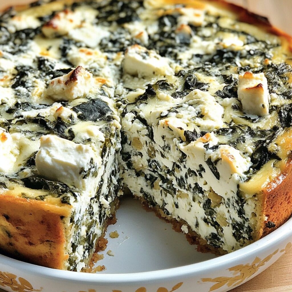 Cheesecake salé épinards-feta tranché, avec une base dorée et une garniture verte et crémeuse.