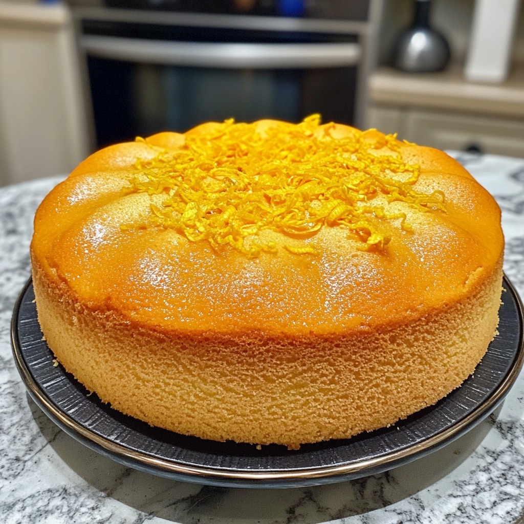 Gâteau moelleux au citron avec glaçage brillant et zestes de citron sur le dessus.