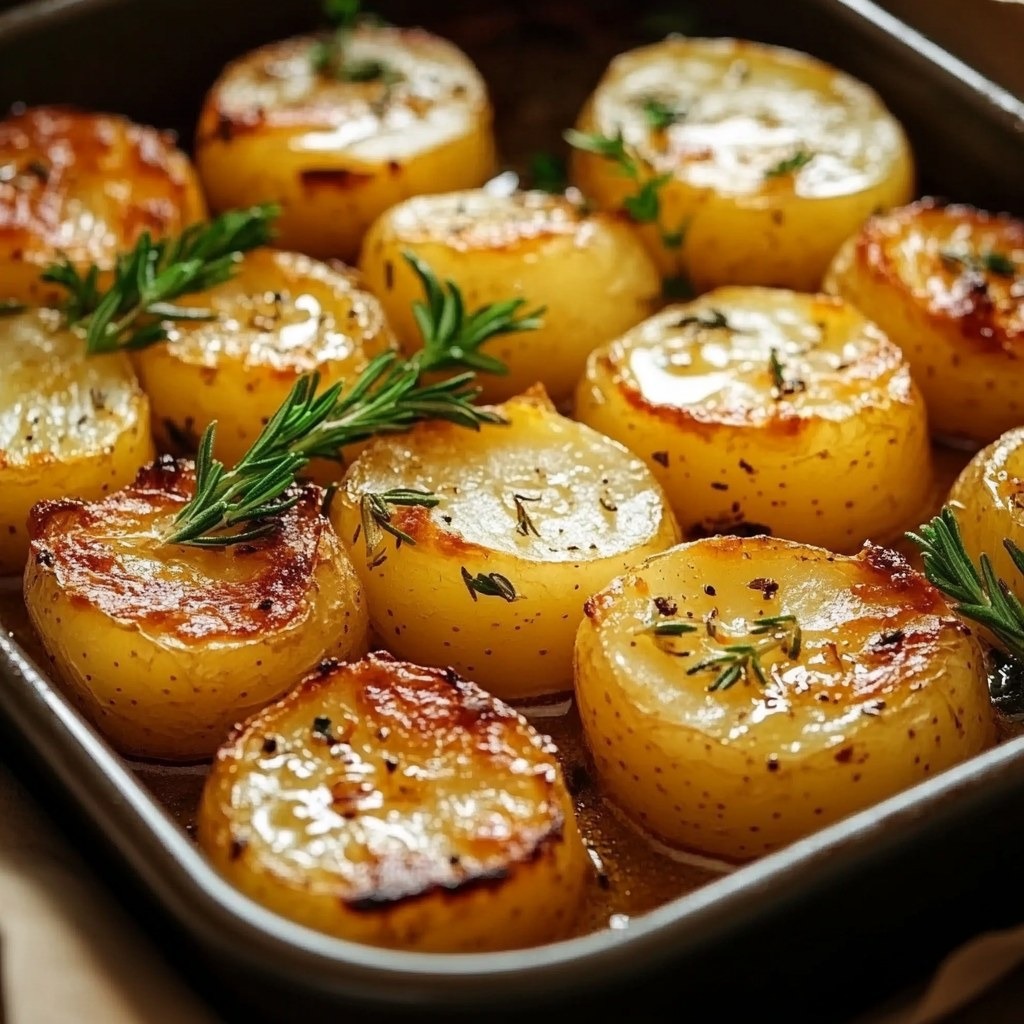 Pommes de terre rôties dorées avec ail, beurre et romarin frais.