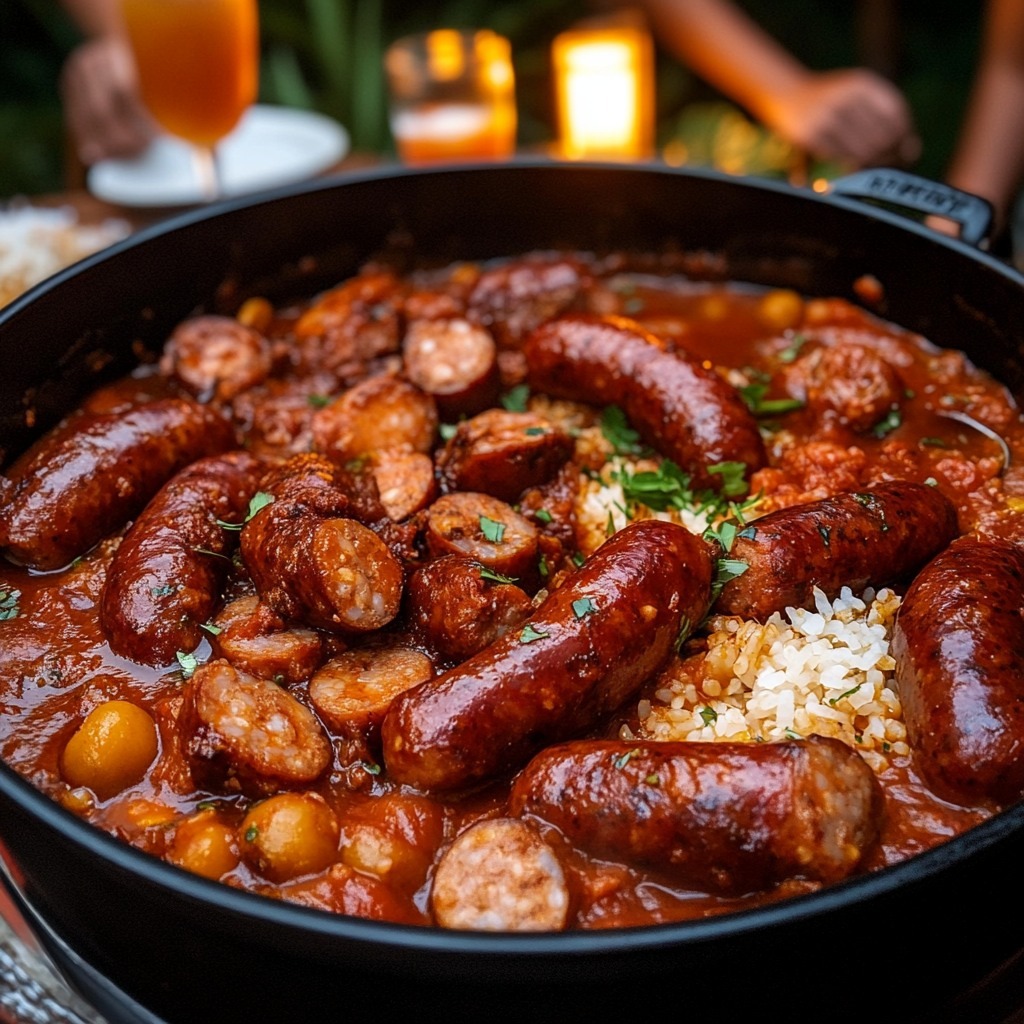 Rougail saucisse avec sauce tomate, riz basmati et haricots rouges, parsemé de coriandre.