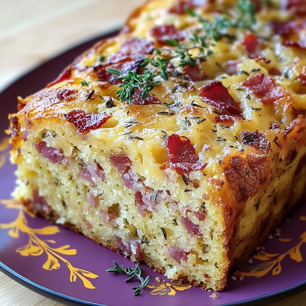 Moelleux aux lardons et au thym doré, avec une texture fondante à l'intérieur et une croûte gratinée.