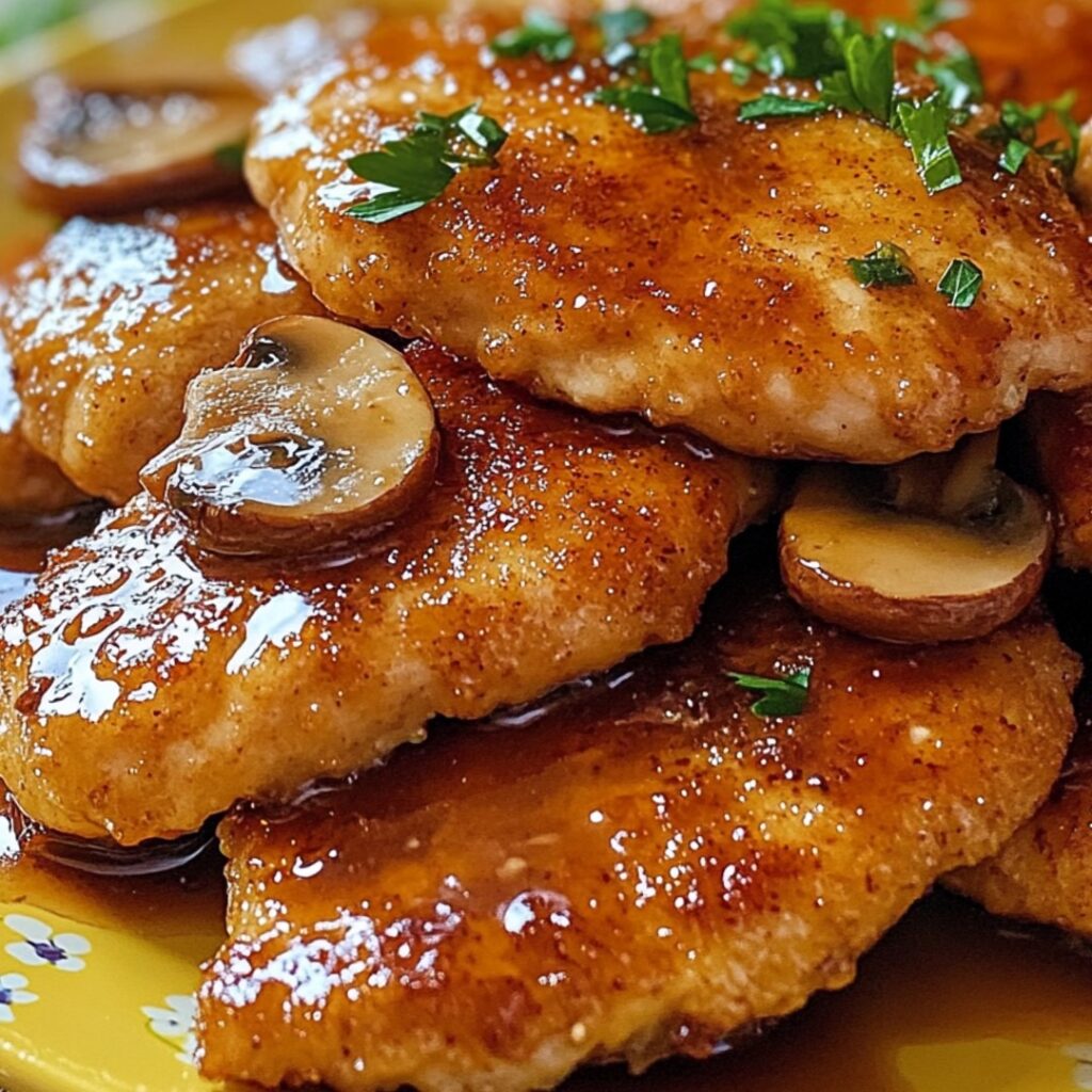 Poulet caramélisé au miel et champignons dans une poêle, nappé d’une sauce brillante.