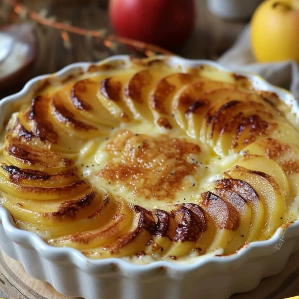 Flan aux pommes doré, garni de fines tranches de pommes et saupoudré de cannelle.