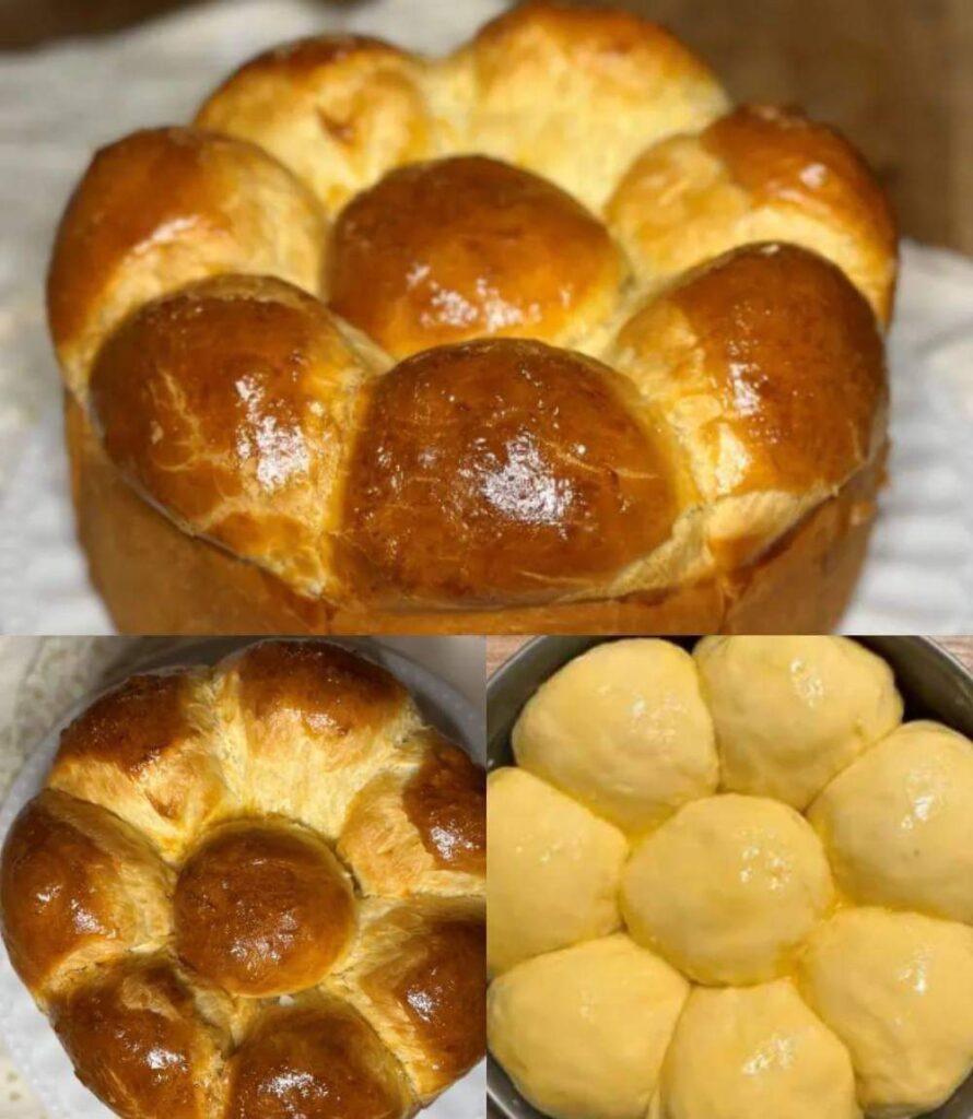 Brioche dorée avec une mie filante et une croûte brillante, décorée de sucre perlé.