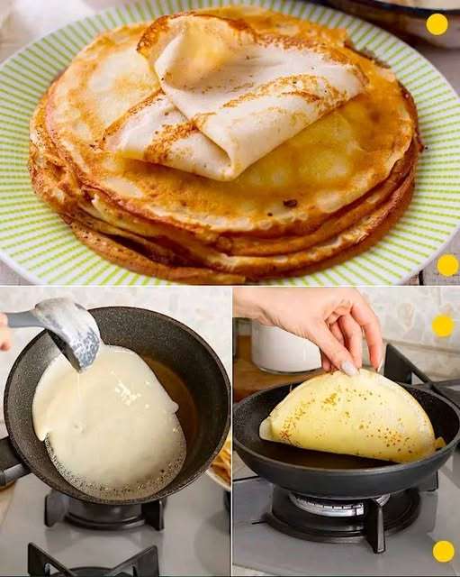 Crêpes dorées, empilées sur une assiette blanche, avec une texture fine et légère.