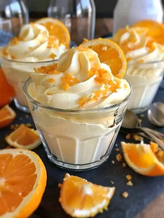 Mousse à la clémentine servie dans une verrine, garnie de zeste de clémentine et d'une légère couche de cacao.