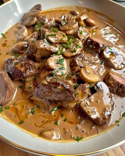 Bœuf Stroganoff servi dans une assiette, nappé de sauce crémeuse, accompagné de riz blanc et garni de persil frais.