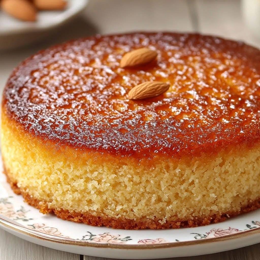 Gâteau moelleux aux amandes et miel doré, saupoudré de sucre glace, avec des amandes effilées grillées sur le dessus.