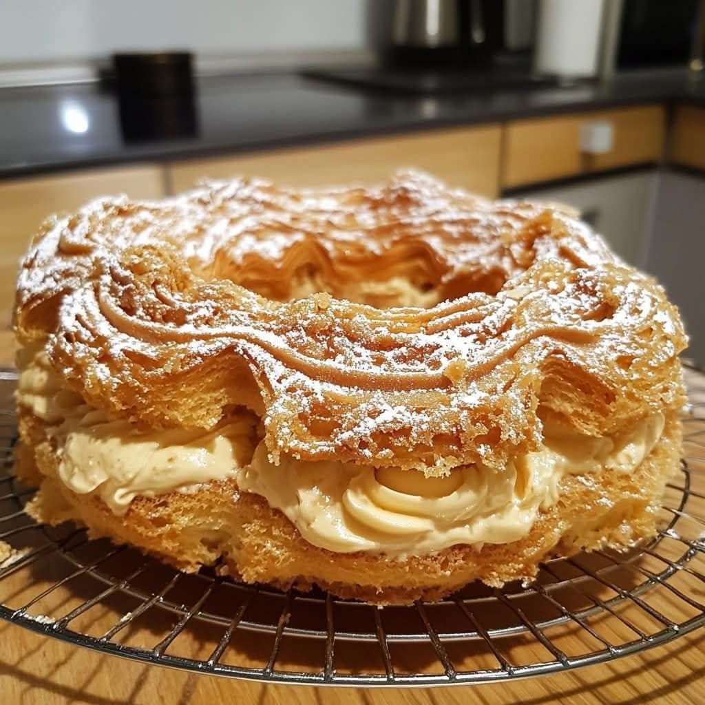 Paris-Brest doré, garni de crème au praliné, saupoudré de sucre glace avec des amandes effilées sur le dessus.