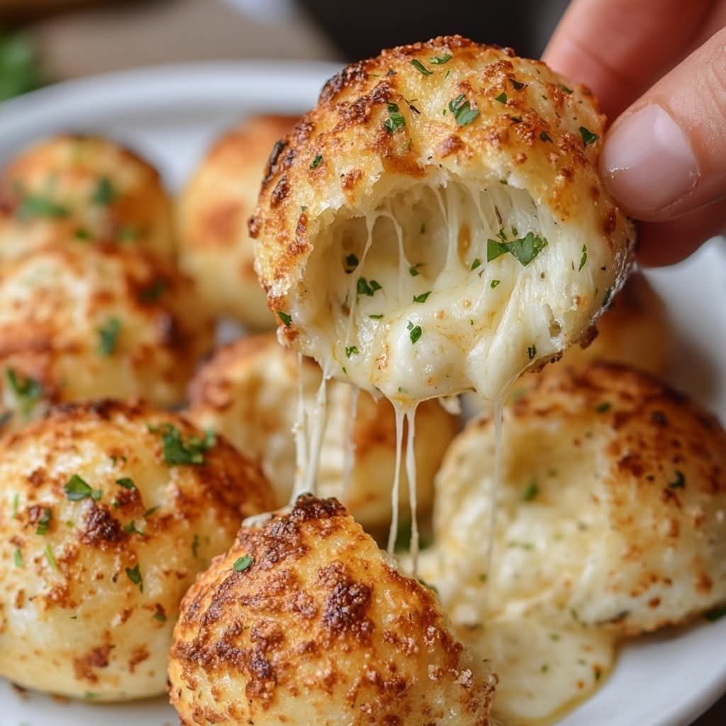 Bombes dorées et croustillantes, garnies de fromage fondant, saupoudrées de parmesan et de persil frais.