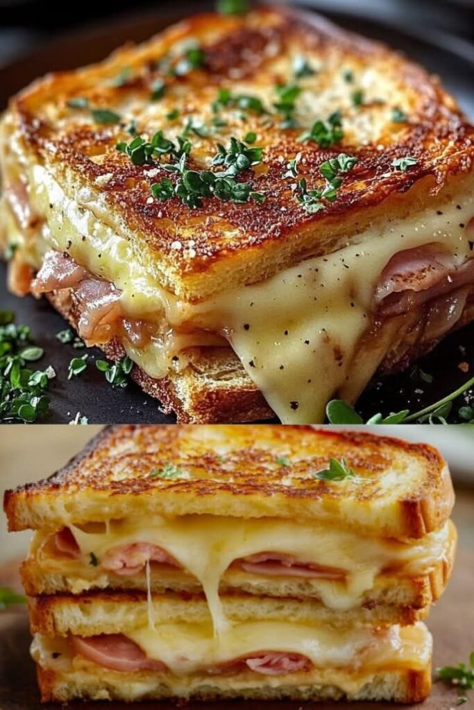 Croque-monsieur doré au fromage fondu, garni de jambon, servi sur une assiette avec une salade verte.