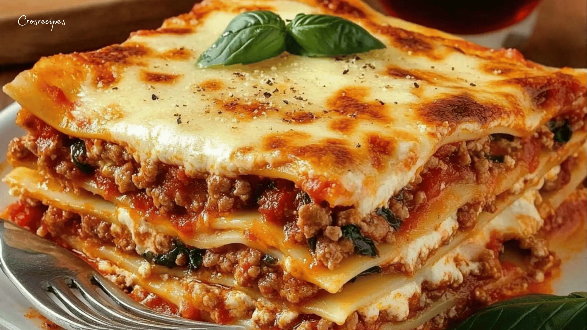 Plat de lasagnes gratinées à la bolognaise avec une croûte dorée et fondante, servi dans un plat à gratin.