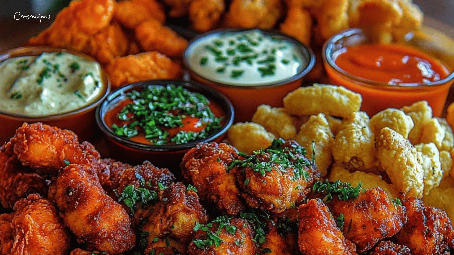 Poulet croustillant doré, bouchées épicées et fromage frit, servi avec des sauces maison dans des petits bols.