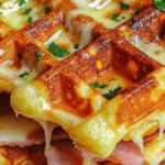 Gaufres dorées garnies de fromage fondu et de jambon, servies sur une assiette avec une salade verte à côté.