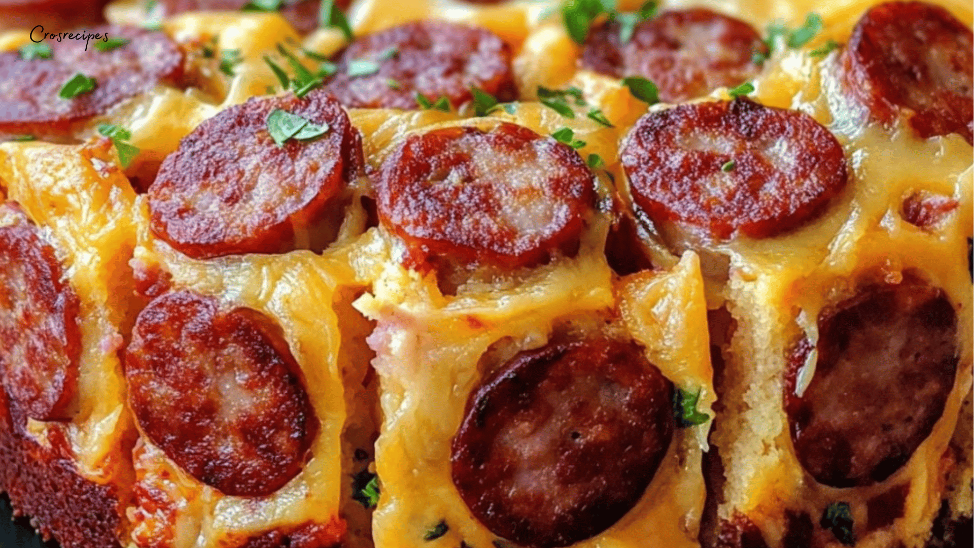 Cake saucisse-fromage doré et gratiné, garni de saucisses en rondelles et de fromage fondu.