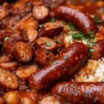 Rougail saucisse avec sauce tomate, riz basmati et haricots rouges, parsemé de coriandre.