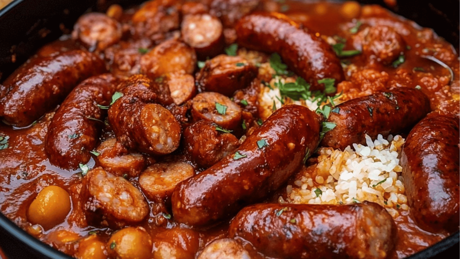 Rougail saucisse avec sauce tomate, riz basmati et haricots rouges, parsemé de coriandre.