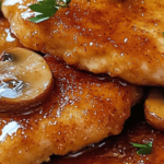 Poulet caramélisé au miel et champignons dans une poêle, nappé d’une sauce brillante.