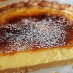 Tarte façon crème brûlée à l'orange avec une croûte dorée caramélisée, décorée de zestes d'orange.