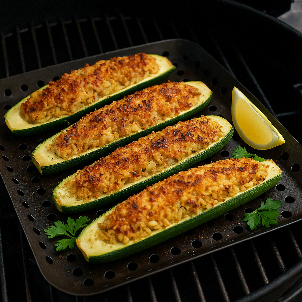 courgettes farcies au riz croustillant cuites au barbecue