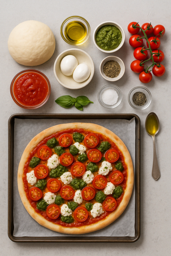 pizza burrata pesto et tomates cerises sortie du four