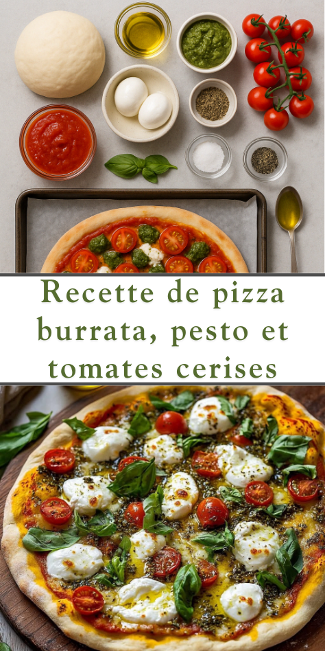 pizza burrata pesto et tomates cerises sortie du four