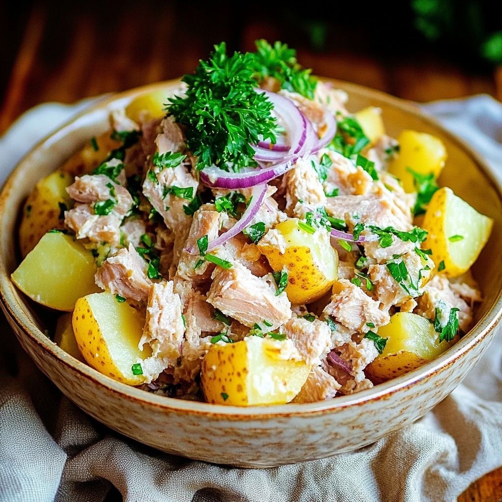 Salade de pommes de terre au thon servie dans un bol rustique