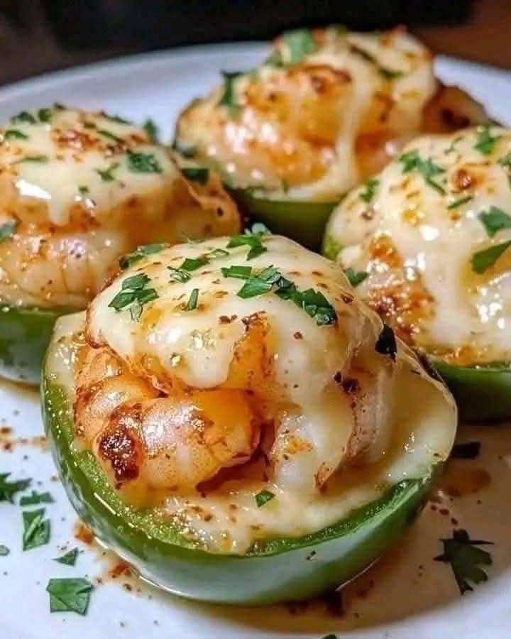Jalapeños farcis aux crevettes cajun, dorés et gratinés, servis sur un plateau apéritif, avec fromage fondu et persil frais.