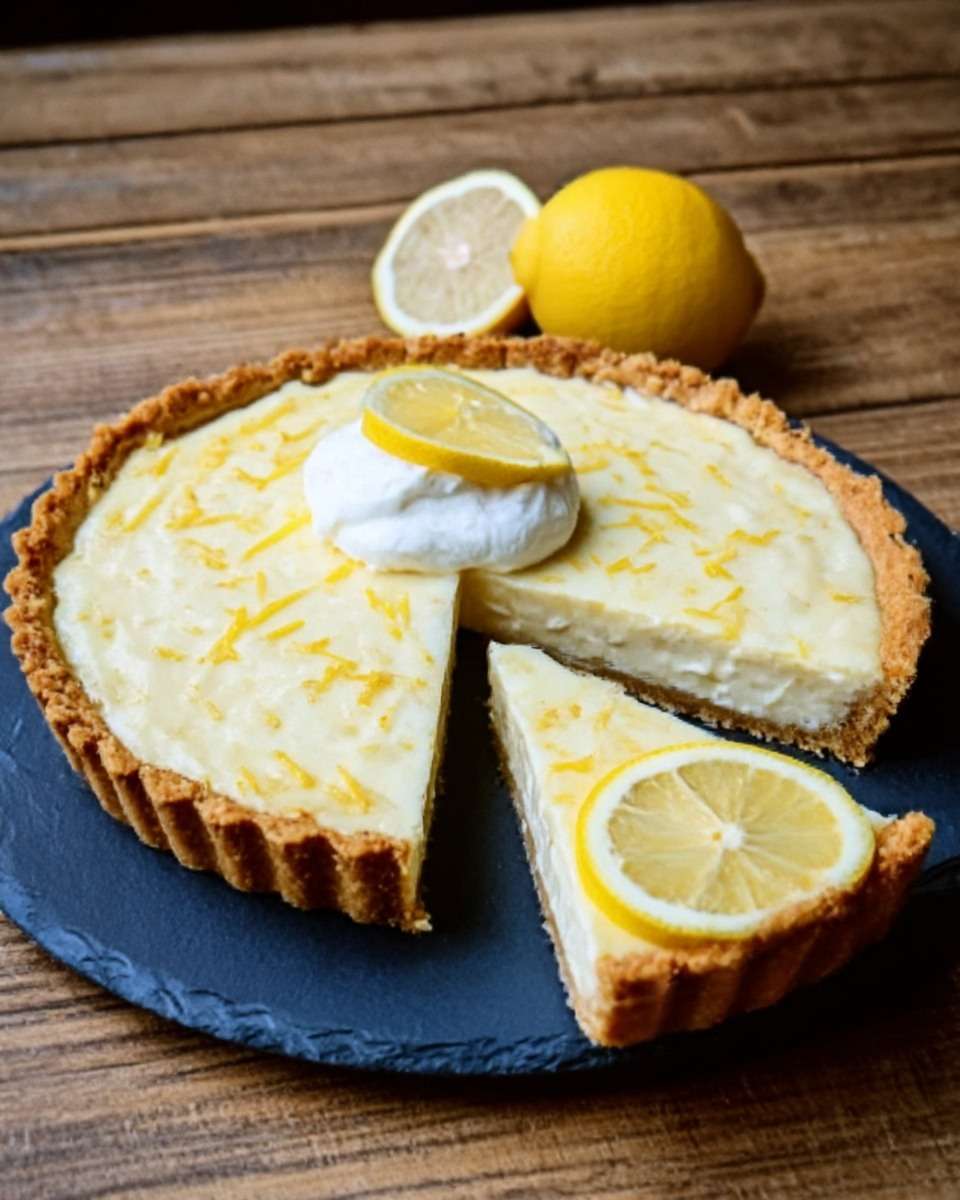 Tarte au citron au mascarpone, brillante et dorée, coupée en parts, décorée de sucre glace et de zestes, présentée sur un plat élégant.