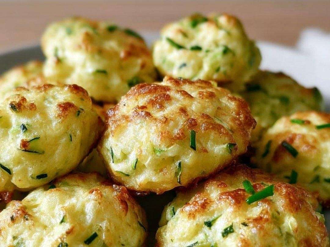 Nuages dorés de courgettes au fromage, servis sur assiette avec herbes fraîches et sauce au yaourt.