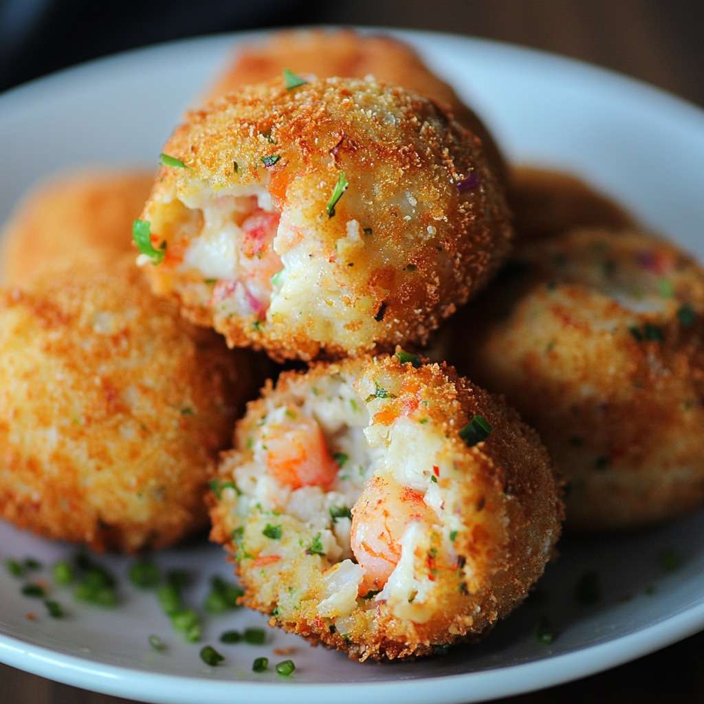 Croquettes dorées de crabe et crevettes, croustillantes à l’extérieur, servies avec quartier de citron et sauce légère sur une assiette élégante.