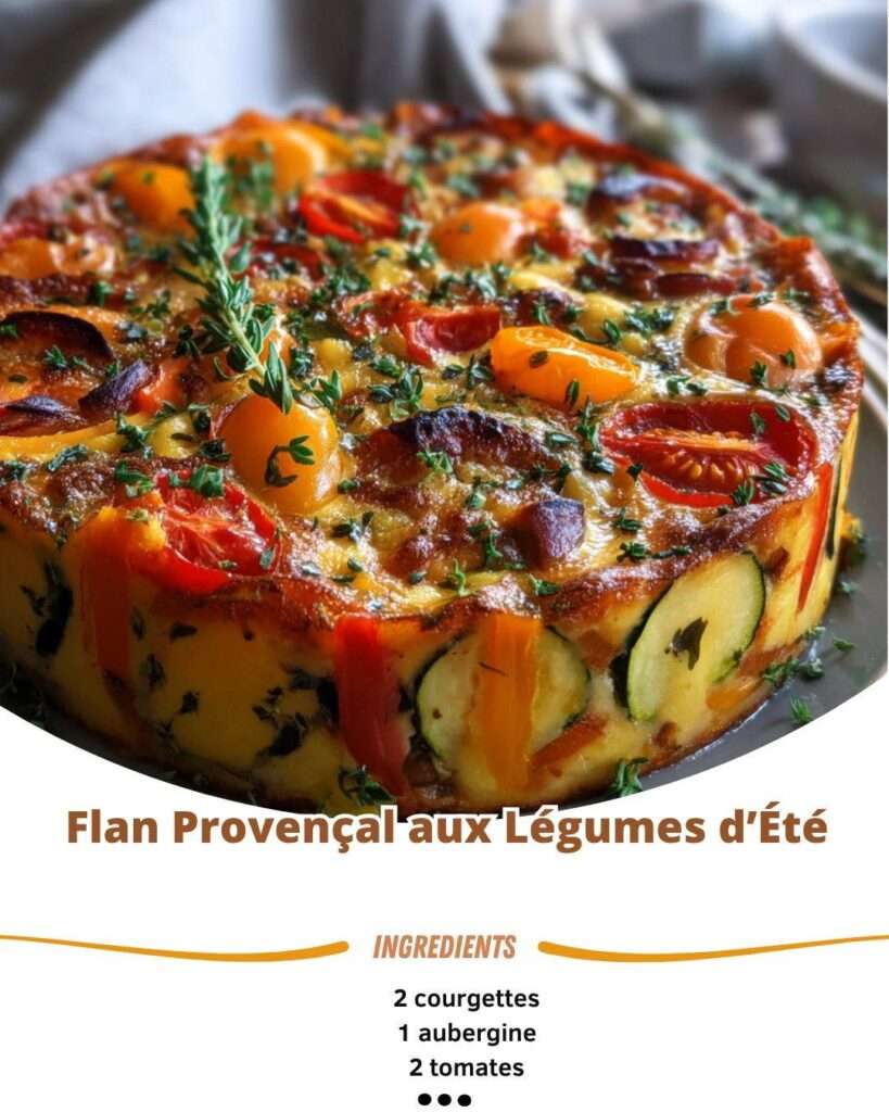 Flan provençal doré aux légumes d’été, coupé en parts, servi sur assiette avec salade verte et herbes fraîches.