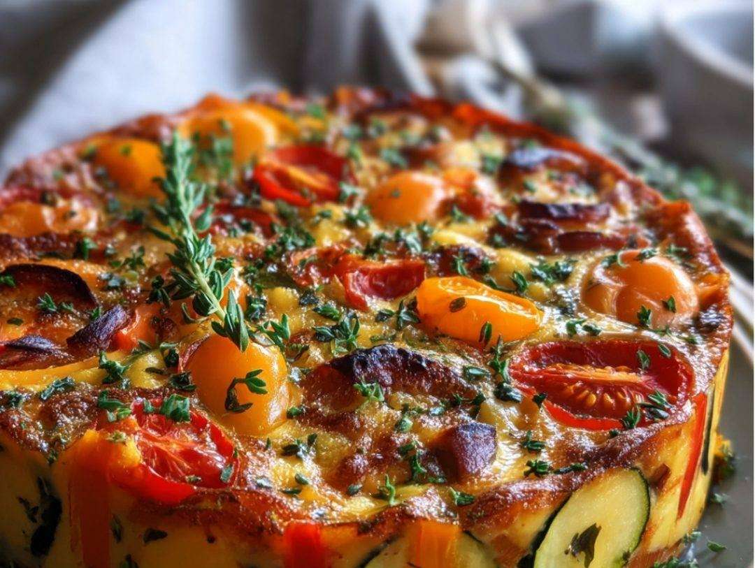 Flan provençal doré aux légumes d’été, coupé en parts, servi sur assiette avec salade verte et herbes fraîches.
