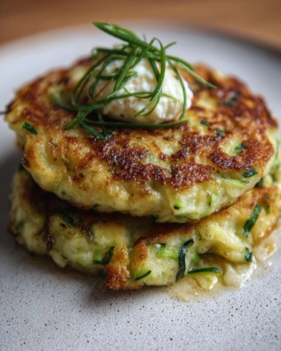 Galettes dorées de courgettes et ricotta, présentées sur une assiette, décorées d’herbes fraîches, prêtes à être dégustées.