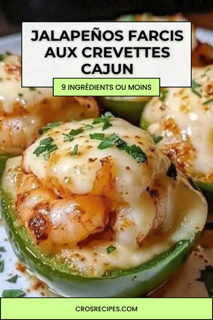 Jalapeños farcis aux crevettes cajun, dorés et gratinés, servis sur un plateau apéritif, avec fromage fondu et persil frais.