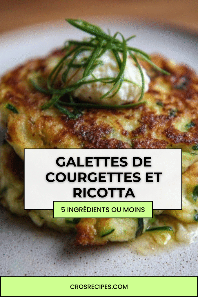 Galettes dorées de courgettes et ricotta, présentées sur une assiette, décorées d’herbes fraîches, prêtes à être dégustées.
