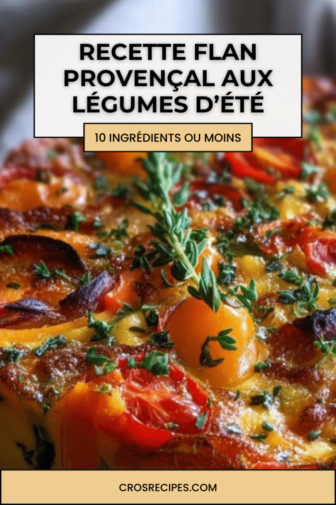 Flan provençal doré aux légumes d’été, coupé en parts, servi sur assiette avec salade verte et herbes fraîches.