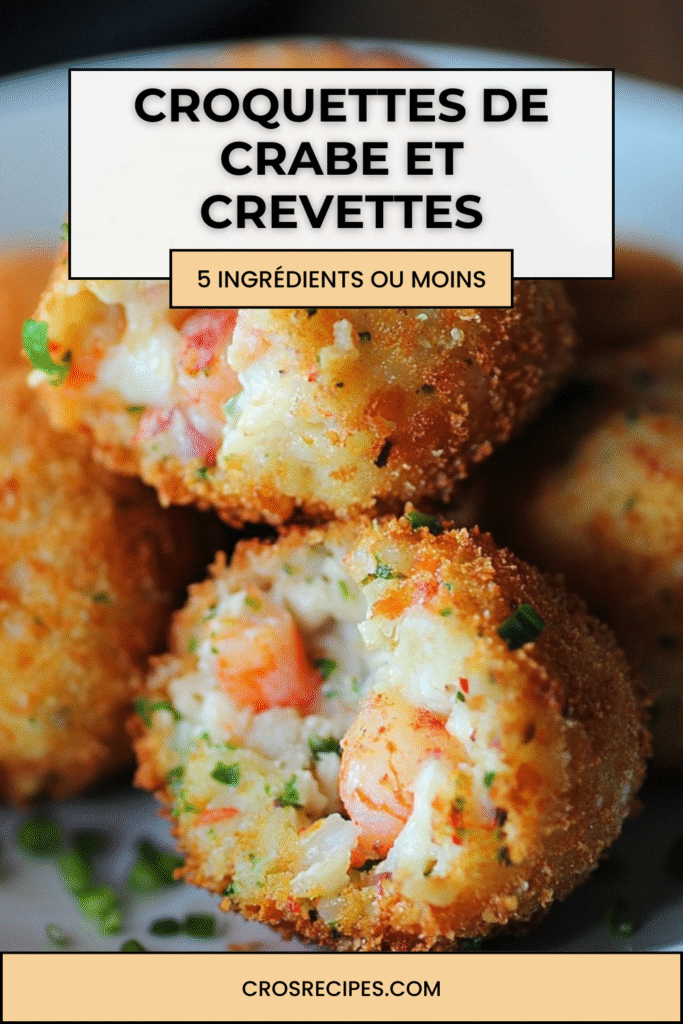 Croquettes dorées de crabe et crevettes, croustillantes à l’extérieur, servies avec quartier de citron et sauce légère sur une assiette élégante.