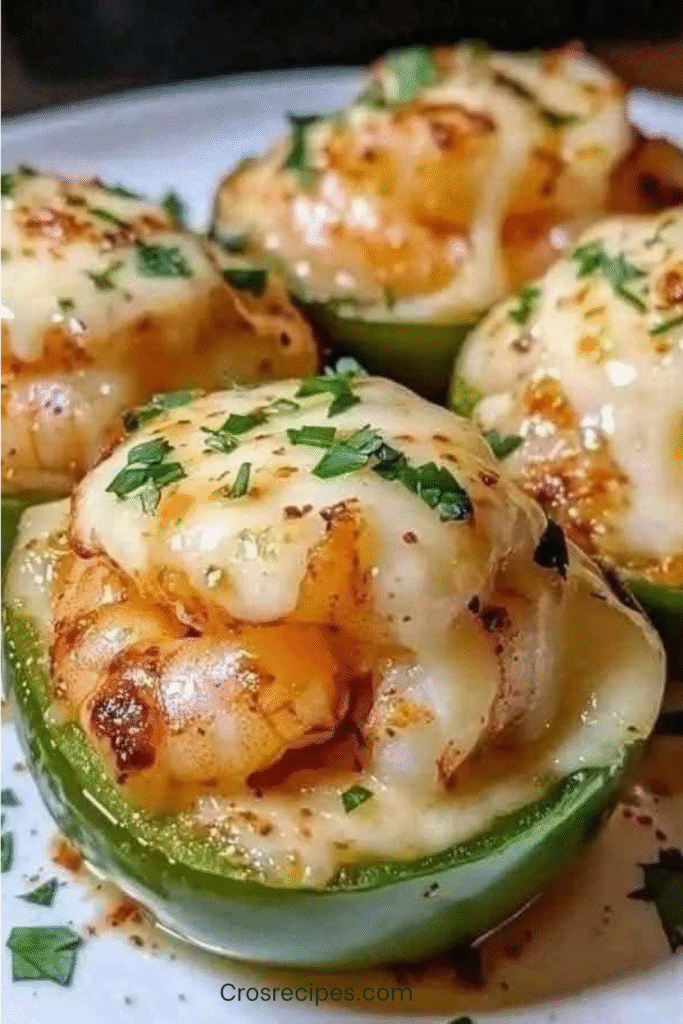 Jalapeños farcis aux crevettes cajun, dorés et gratinés, servis sur un plateau apéritif, avec fromage fondu et persil frais.