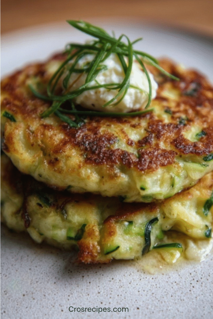Galettes dorées de courgettes et ricotta, présentées sur une assiette, décorées d’herbes fraîches, prêtes à être dégustées.