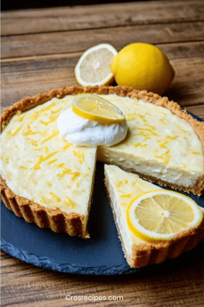 Tarte au citron au mascarpone, brillante et dorée, coupée en parts, décorée de sucre glace et de zestes, présentée sur un plat élégant.