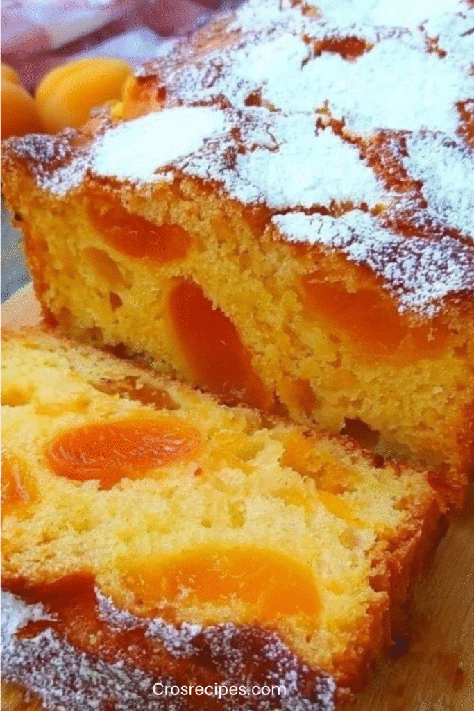 Tranche de cake au yaourt aux abricots, moelleux et doré, parsemé d’amandes effilées, servie sur une assiette avec des abricots frais.