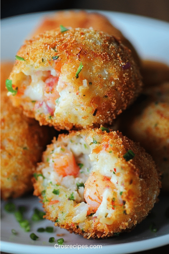 Croquettes dorées de crabe et crevettes, croustillantes à l’extérieur, servies avec quartier de citron et sauce légère sur une assiette élégante.