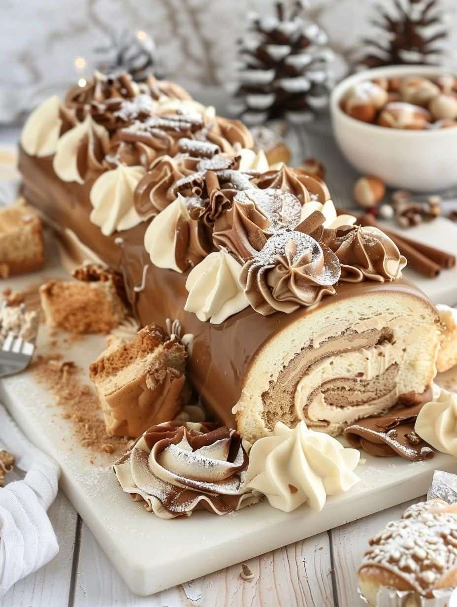 Bûche de Noël roulée au café, saupoudrée de cacao, décorée de grains de café et de sucre glace, sur une planche de bois festive.