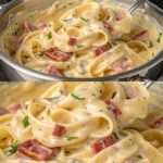 Assiette de pâtes à la carbonara, nappée de sauce crémeuse, pancetta dorée et parmesan râpé.
