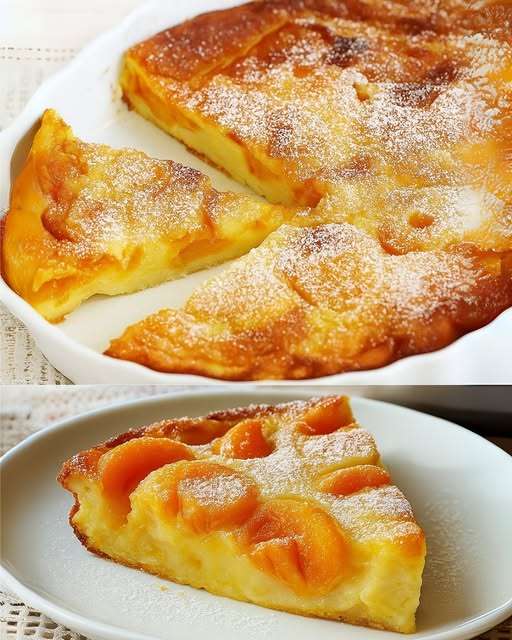 Clafoutis aux abricots doré dans un plat rustique, parsemé de sucre glace et d’amandes effilées.