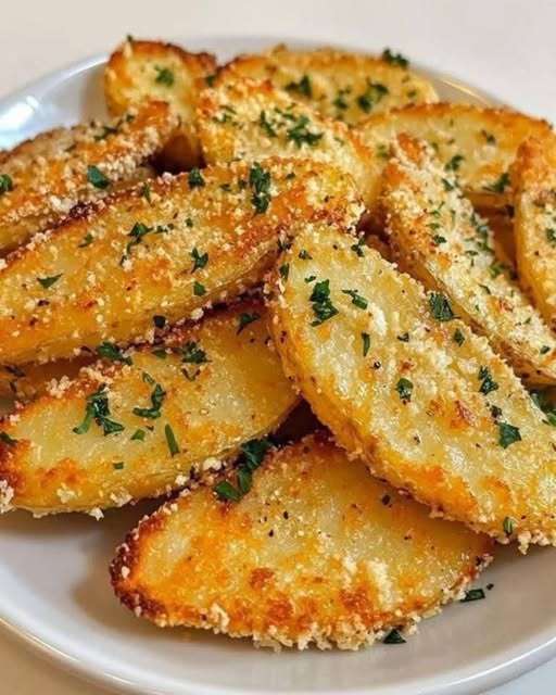 Pommes de terre rôties à l’ail et au parmesan, dorées, servies avec persil frais et sauce yaourt.