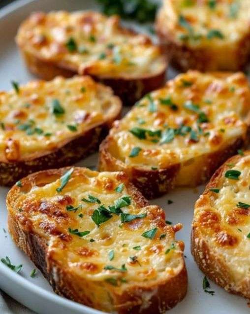 Tranches de pain à l’ail gratiné façon palace, dorées et fondantes, sur une planche avec herbes fraîches.